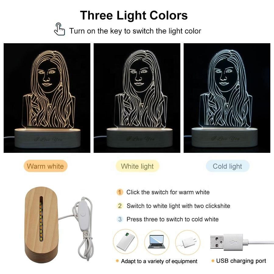 Custom Engraved 3D Acrylic Night Light With Wooden Base
